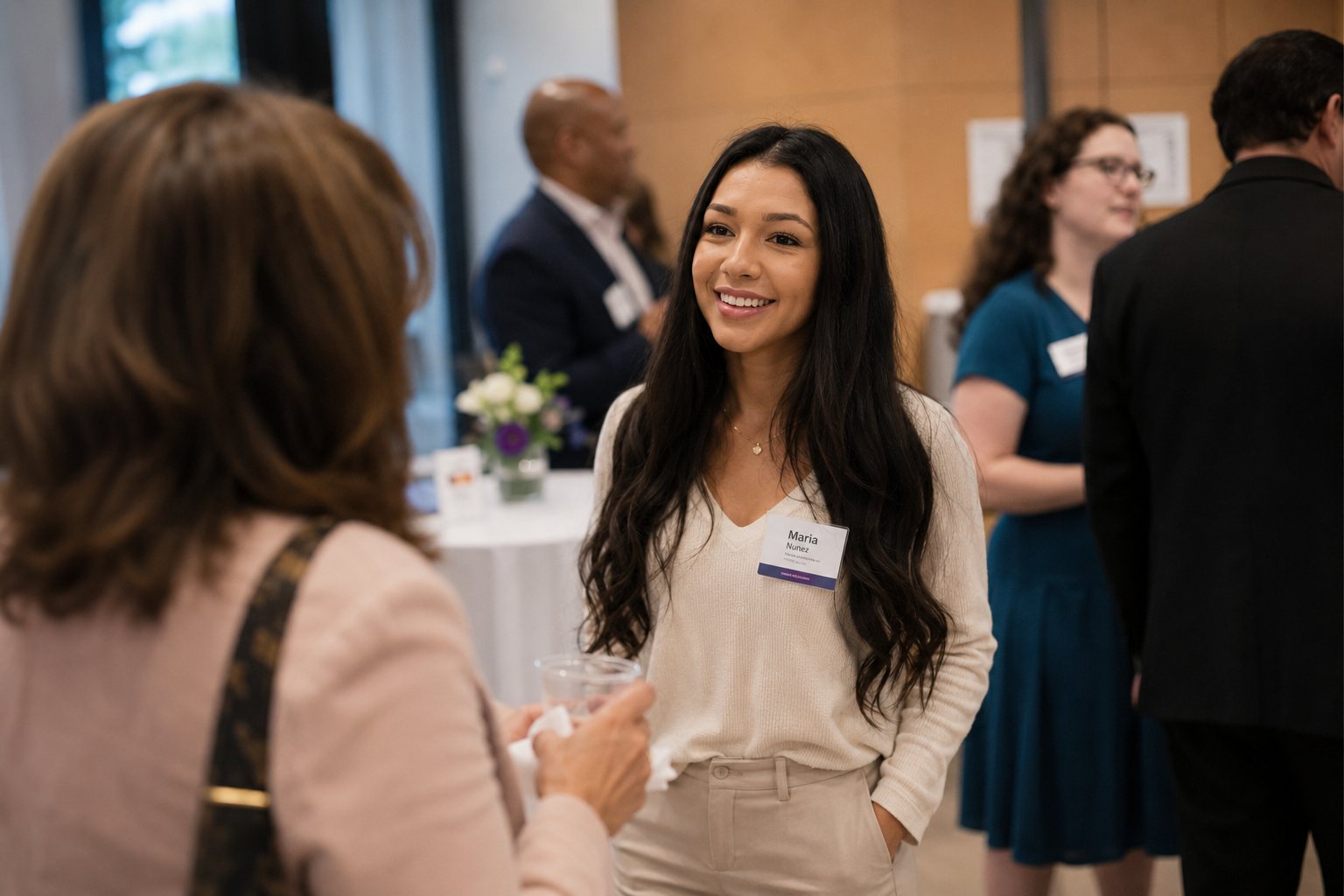 A college student networks confidently with recruiters at a professional career event