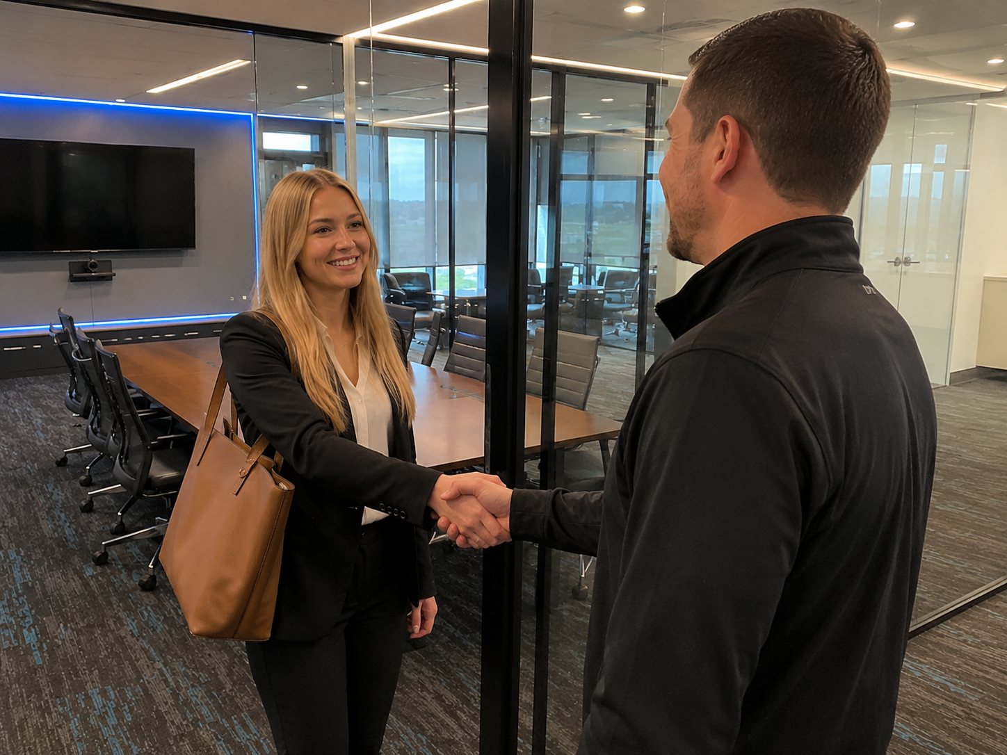 A confident college graduate shakes hands with a hiring manager at the start of a job interview
