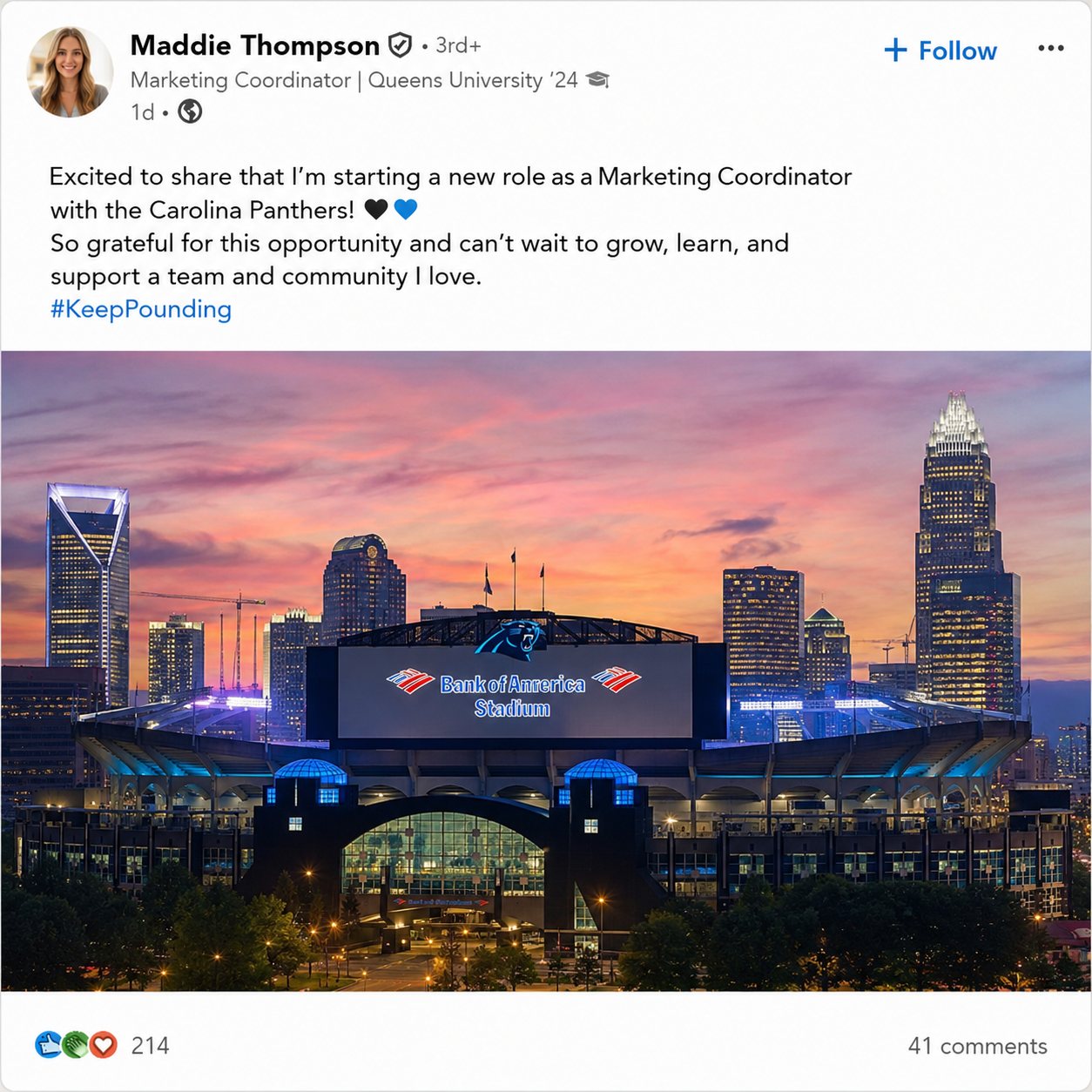 LinkedIn announcement post from a recent college graduate sharing her new role as Marketing Coordinator with the Carolina Panthers after career coaching