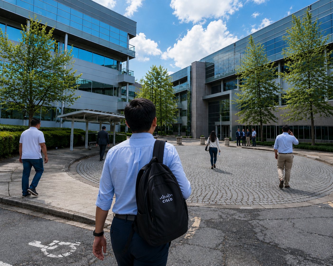 A recent college graduate walks toward the corporate office on the first day of a new job - the culmination of multi-year career planning