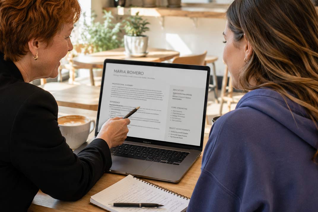 Deanne and student rewriting and restructuring resume content for job searching